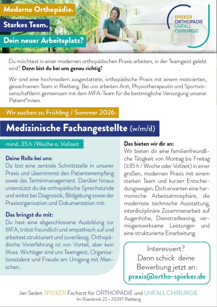 Wir suchen zu Frühling / Sommer 2026: Medizinische Fachangestellte (w/m/d)